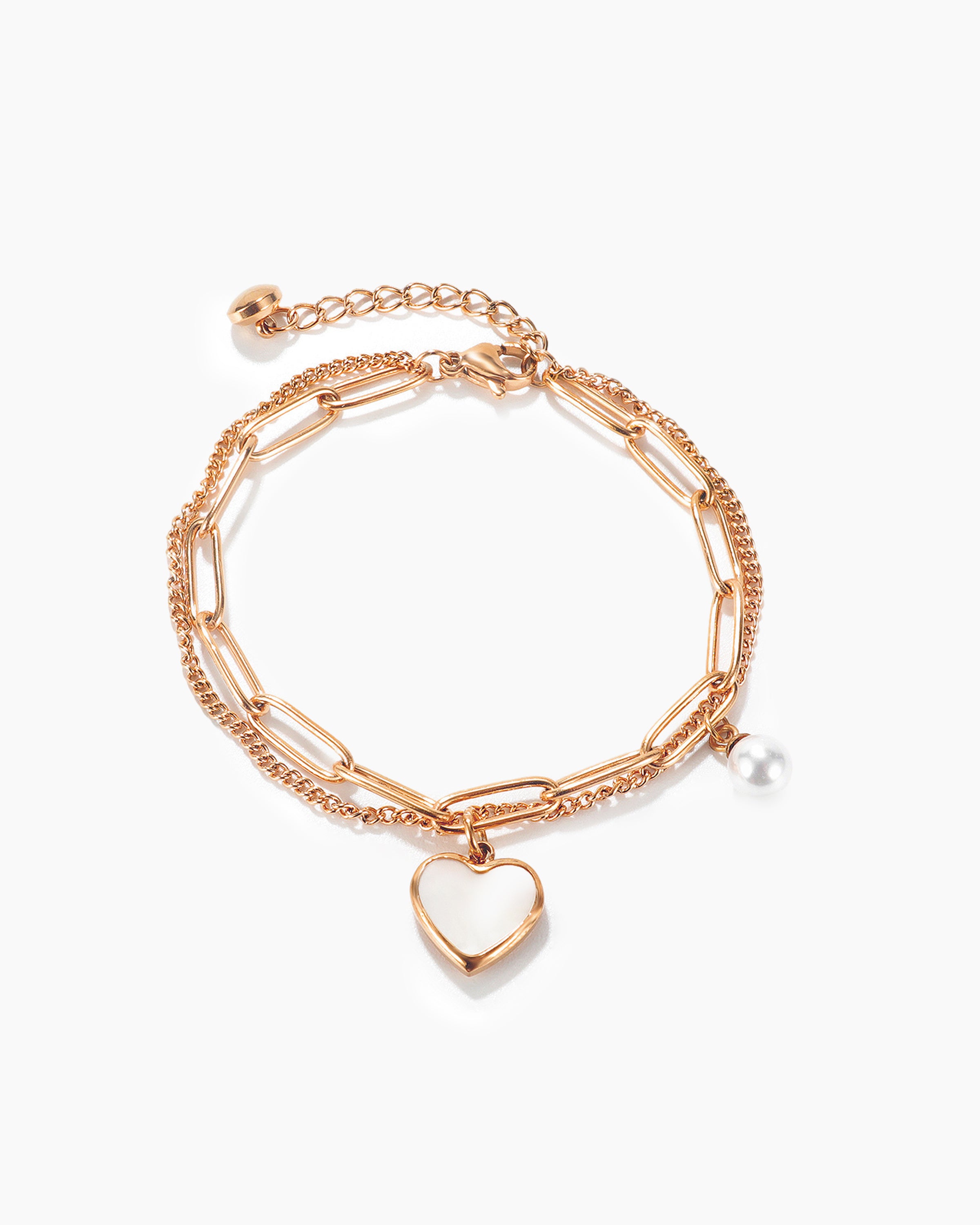 Rose Gold Heart & Pearl Double Chain Bracelet