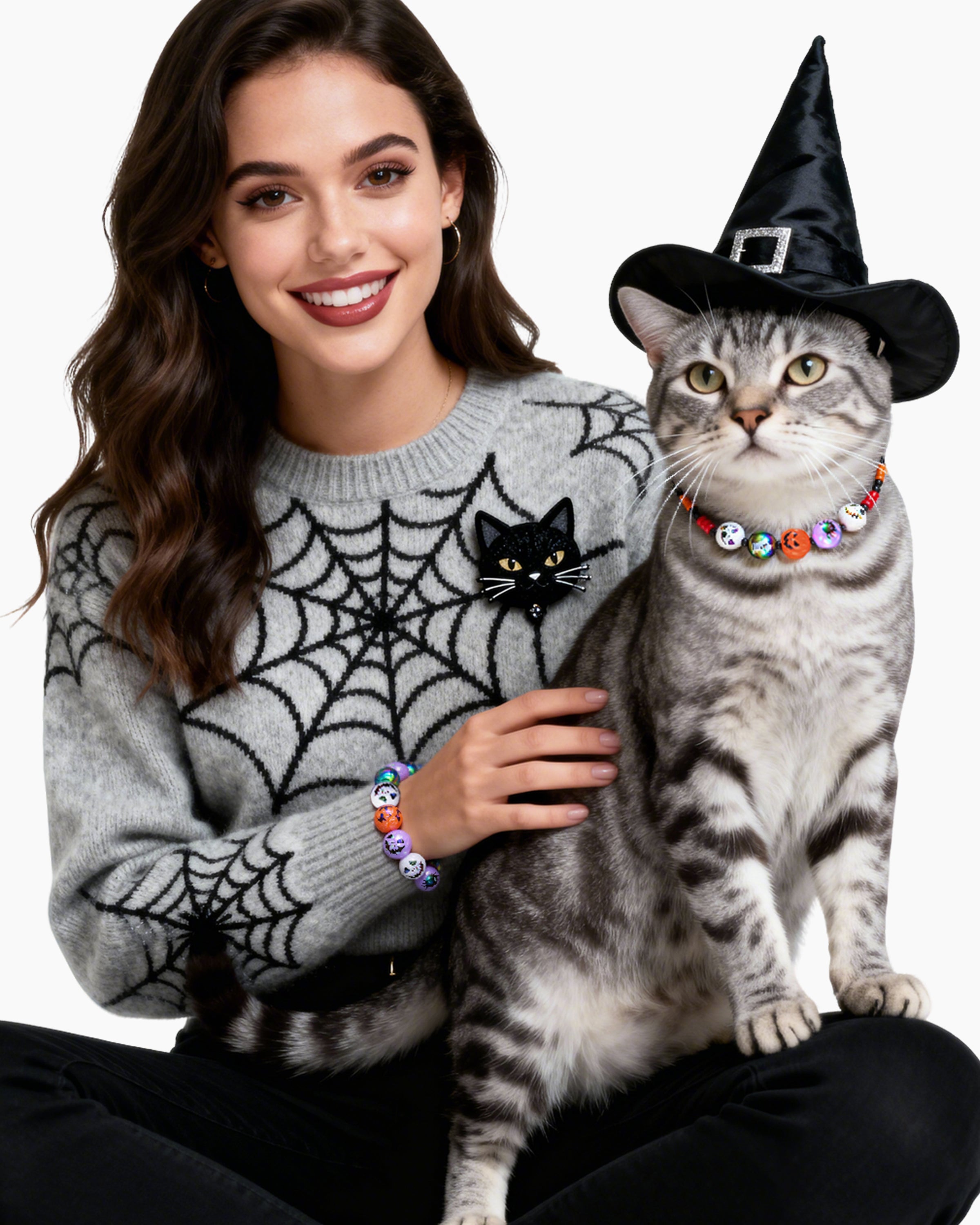 Pumpkin Pearl & Ghost Seed Beads Matching Set for Cats & Owners Jewelry Set
