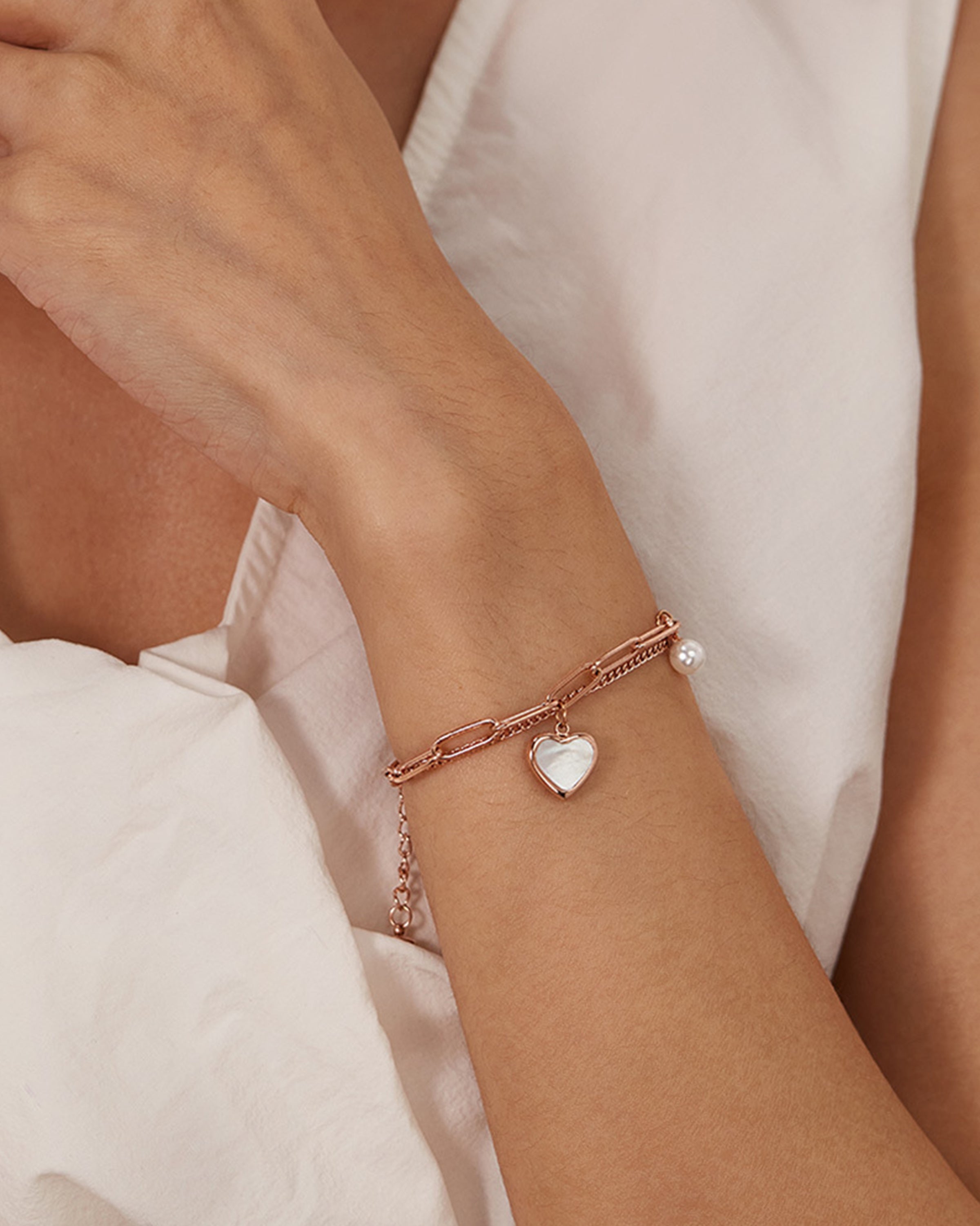 Rose Gold Heart & Pearl Double Chain Bracelet