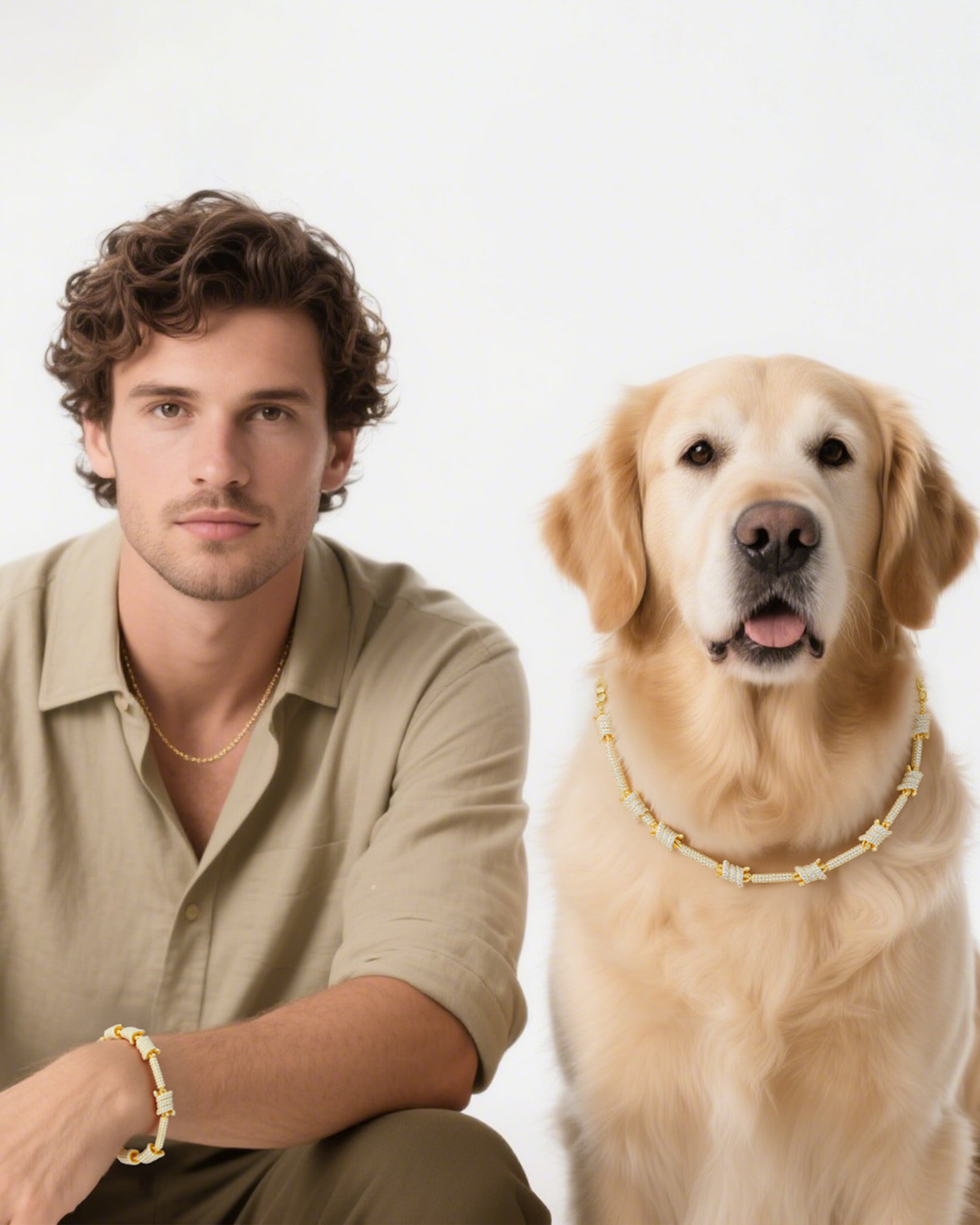Gold dog chain collar with layered links, matching hand chain bracelet for owner