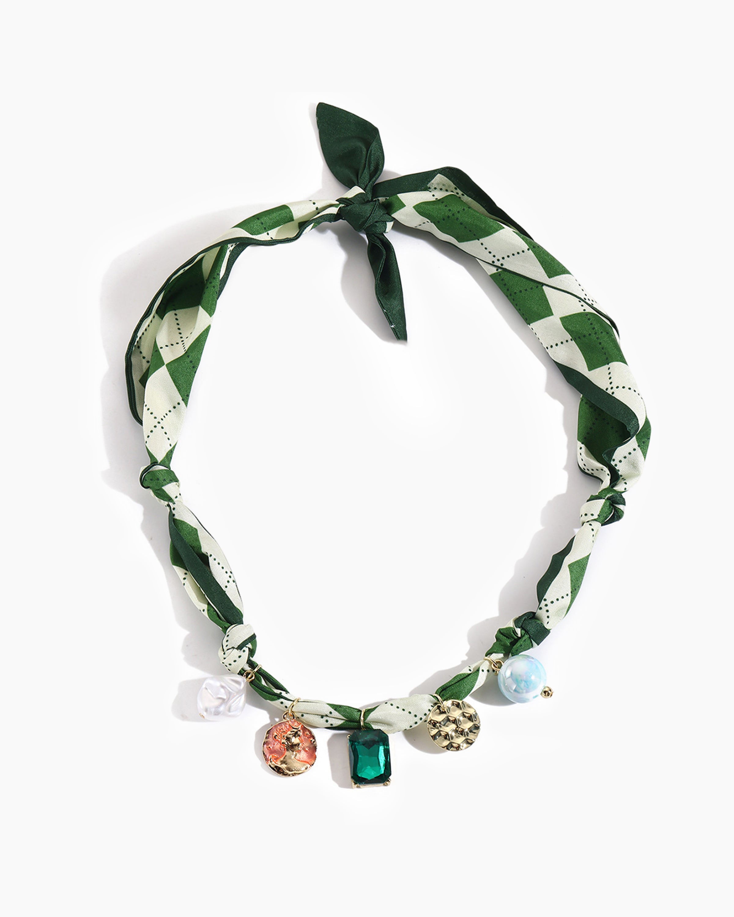 Adjustable emerald green silk cat collar with square, round, and abstract charms