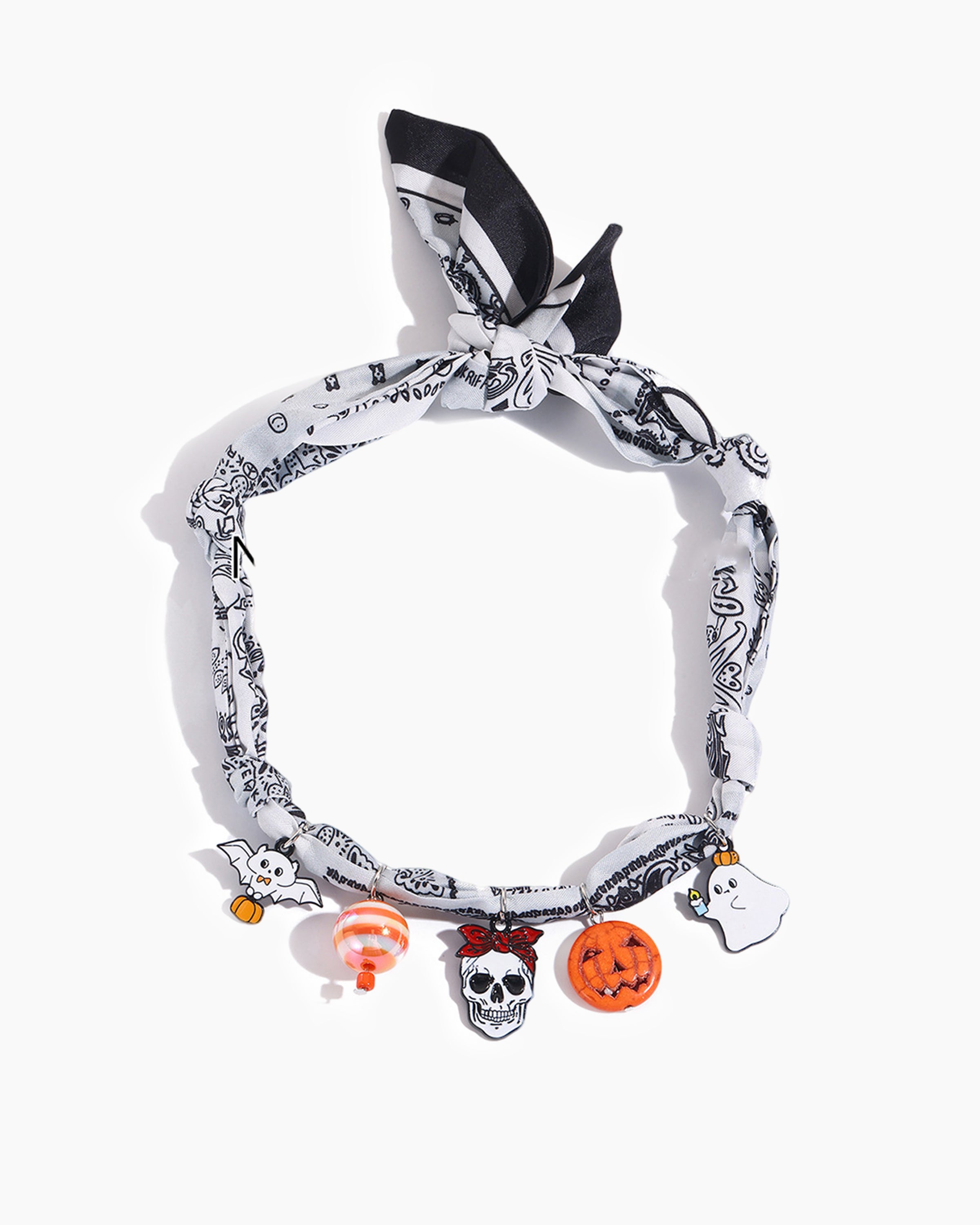 Adjustable Pumpkin Purr Silk Cat Collar with pumpkins, skulls, ghosts, and bats – Halloween cat accessory, silk cat necklace, adjustable and comfortable.