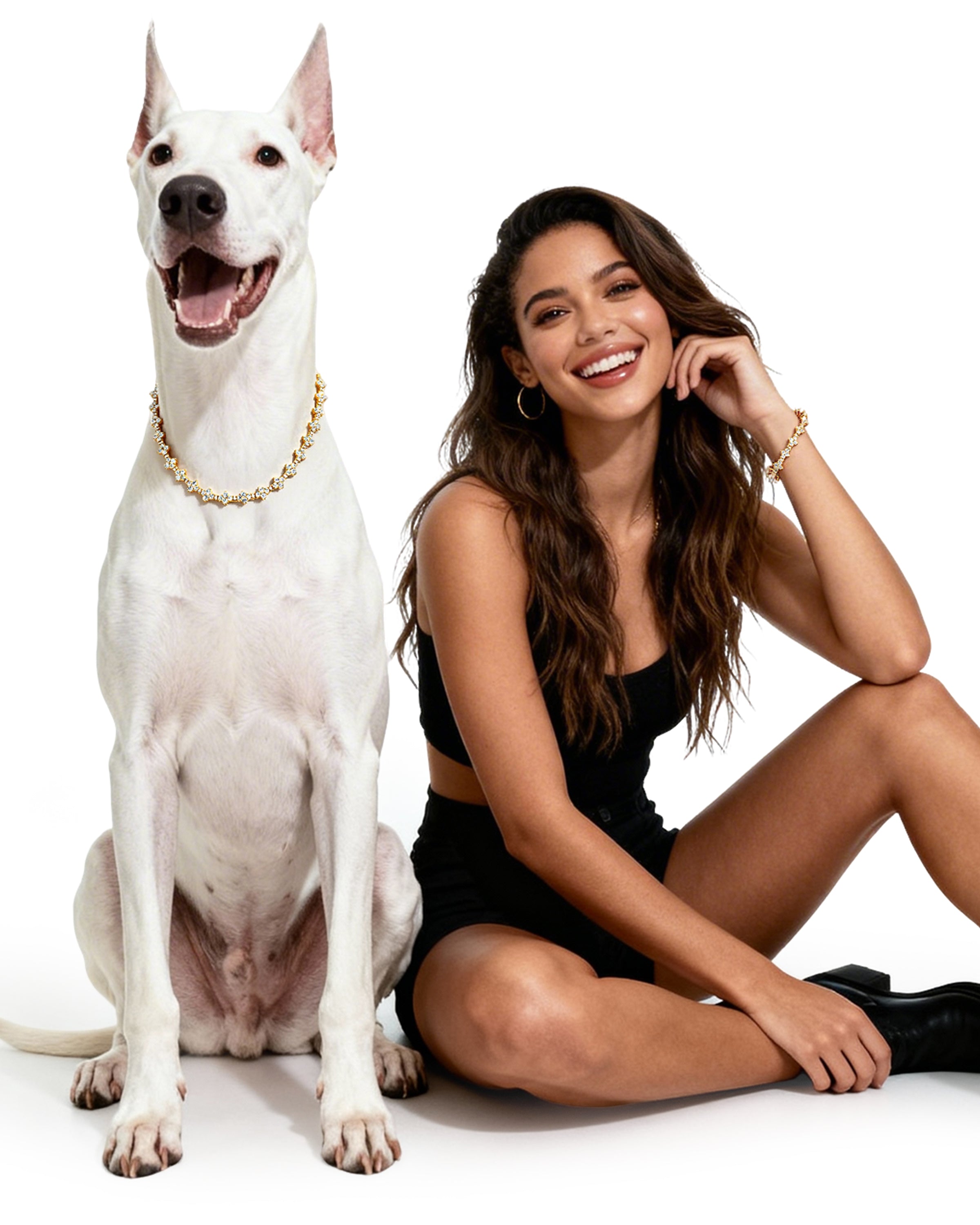 Pet owner wearing Celeste Furry & Me Jewelry Set, showing matching necklace and bracelet with beloved furry companion